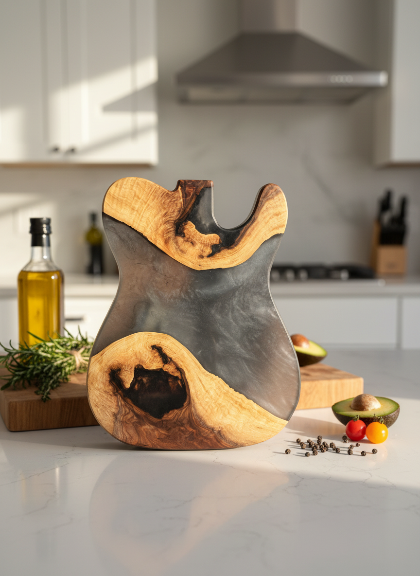 Electric Guitar Resin Charcuterie Board | Black Walnut / Gray Resin (Hurricane Helene Collection)